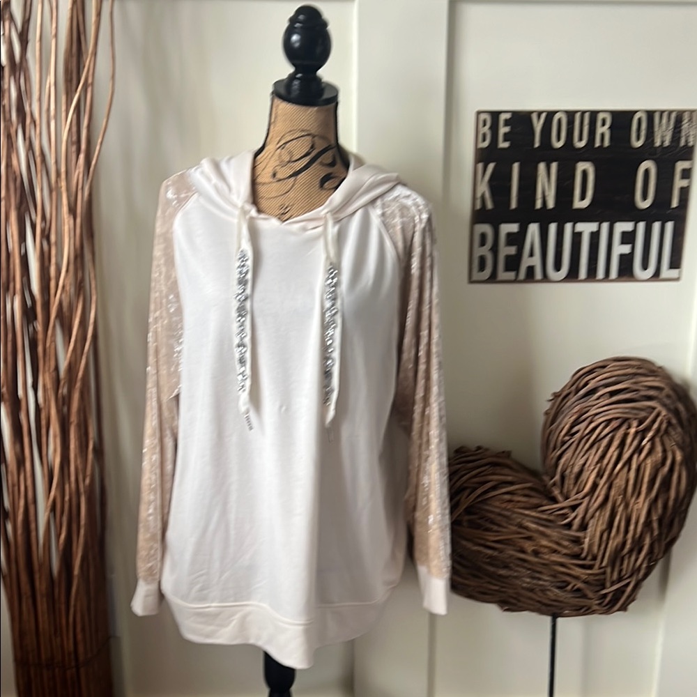 Women's White and Cream Hoodie with Velour Sleeves & Rhinestone Embellished Ties